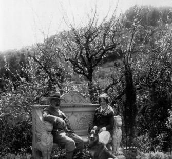 Senator Phelan, Rowina Mason, and dog Boz in the Montalvo Gardens, March 31, 1927
