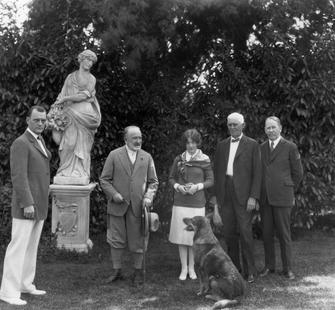 On the grounds, near the Formal Garden, March 31, 1927: Col. Howland, Sen. Phelan, Rowina Mason, NY Banker (?), OK Cushing, Boz (the dog).