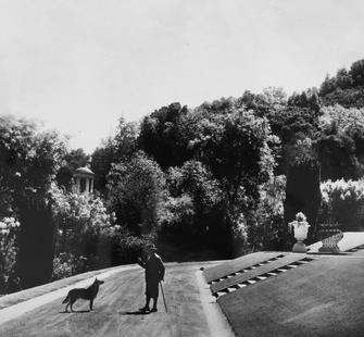 James Duval Phelan and his dog Boz, Montalvo, 1927, photographer unknown. James D. Phelan Photograph Albums, 1902-1928.